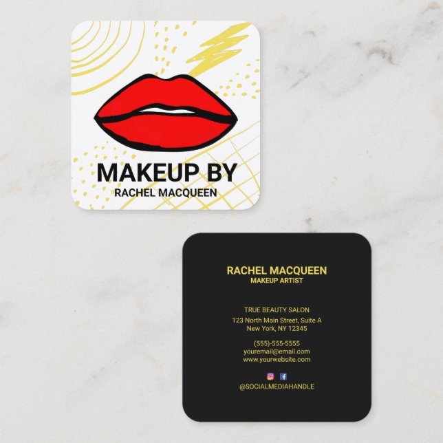 Retro 90's Red Yellow Geometric Lips Makeup Square Business Card (Front/Back)