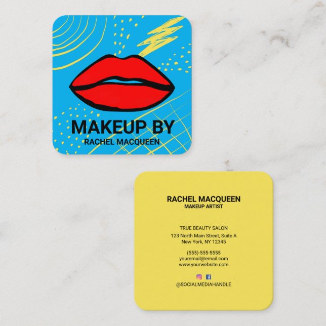 Retro 90's Red Yellow Geometric Lips Makeup Square Business Card (Front/Back)