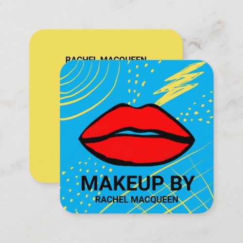 Retro 90s Red Yellow Geometric Lips Makeup Square Square Business Card