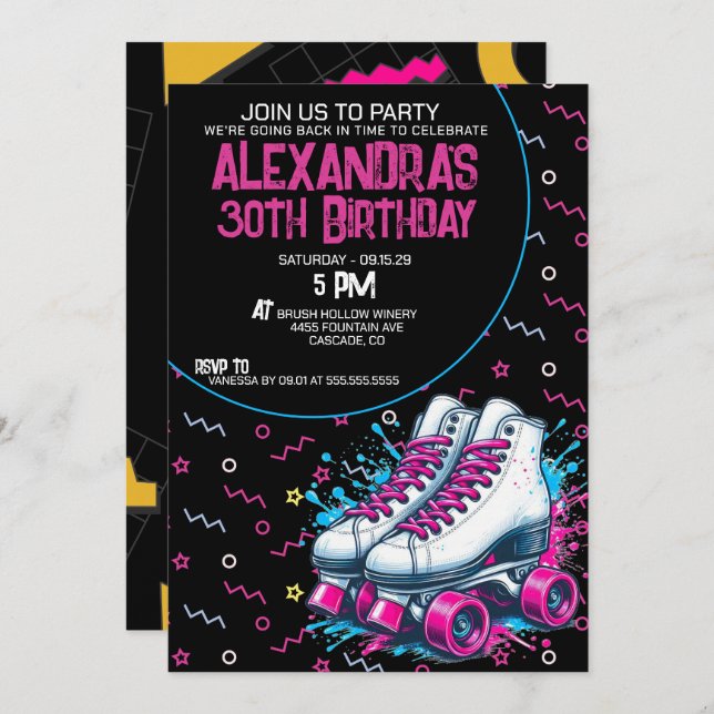 Retro 90's Roller Skating Birthday Party  Invitation (Front/Back)
