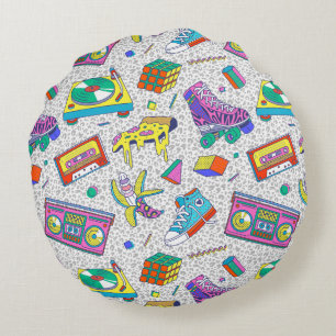 Retro 90s Skate Party Pattern Round Pillow