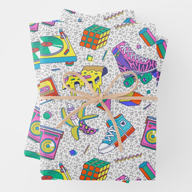 Retro 90s Skate Party Pattern Wrapping Paper Sheets (In situ)