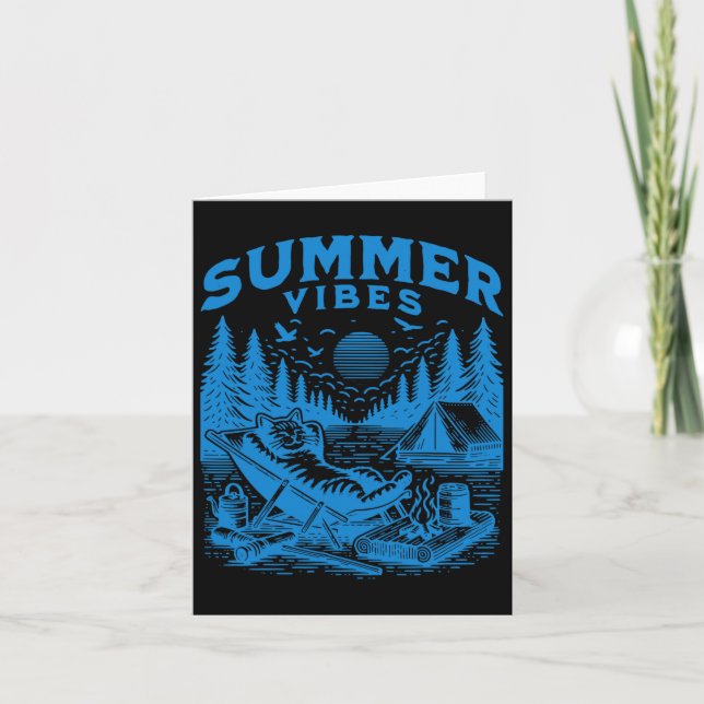 Retro 90s Summer Vibes Cat Camping Funny Cat Meme  Card (Front)