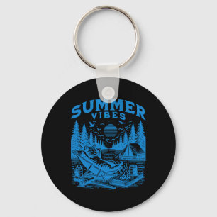 Retro 90s Summer Vibes Cat Camping Funny Cat Meme Keychain