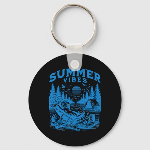 Retro 90s Summer Vibes Cat Camping Funny Cat Meme  Keychain