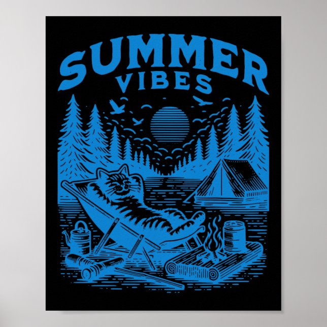 Retro 90s Summer Vibes Cat Camping Funny Cat Meme  Poster (Front)