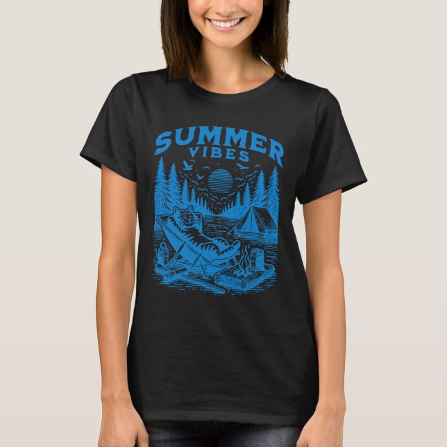 Retro 90s Summer Vibes Cat Camping Funny Cat Meme  T-Shirt (Front)