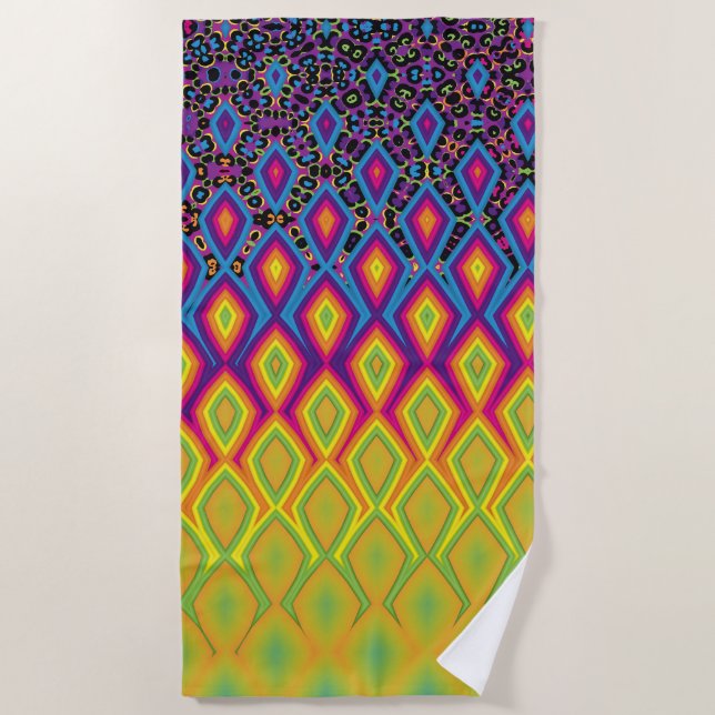 Retro 90s Vibrant Neon Color Abstract Pattern Beach Towel (Front)