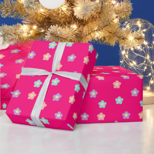 Retro 90s Y2k Pastel Flowers Hot Pink Wrapping Paper