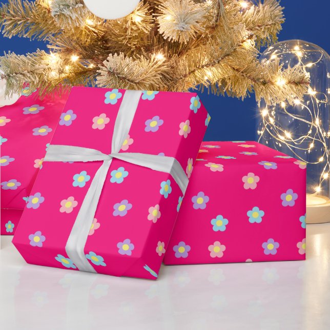 Retro 90s Y2k Pastel Flowers Hot Pink Wrapping Paper (Holidays)