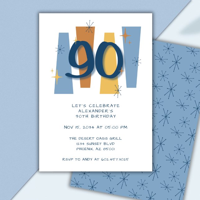 Retro 90th Birthday Midcentury Modern Blue Invitation (Creator Uploaded)
