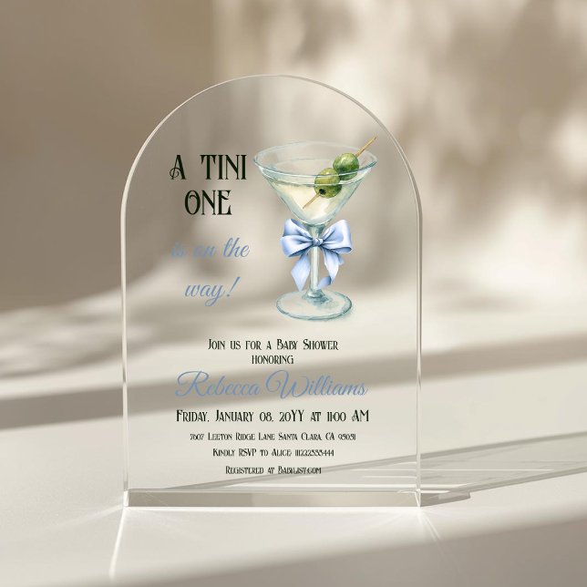 Retro A Tini One Martini Blue Bow Boy Baby Shower Acrylic Invitations (Creator Uploaded)