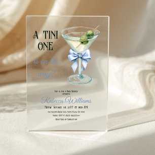 Retro A Tini One Martini Blue Bow Boy Baby Shower Acrylic Invitations