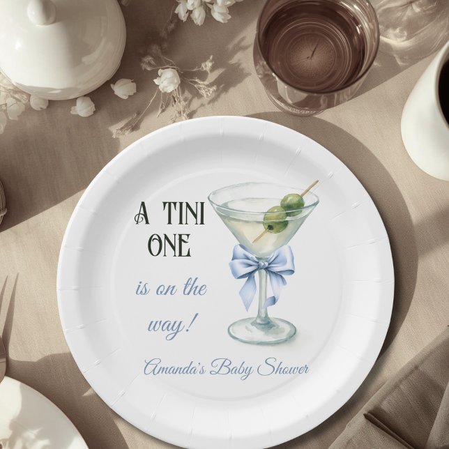 Retro A Tini One Martini Blue Bow Boy Baby Shower Paper Plates (Creator Uploaded)