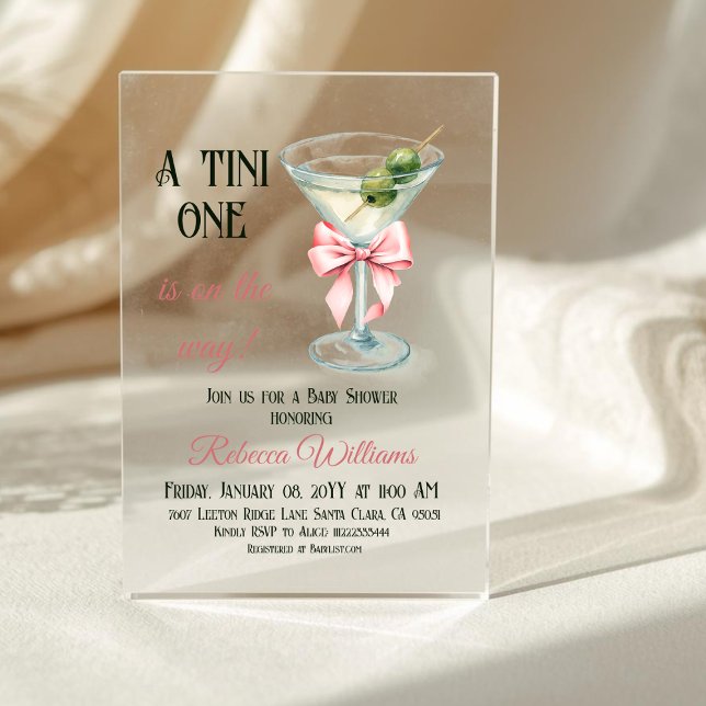 Retro A Tini One Martini Pink Bow Girl Baby Shower Acrylic Invitations (Creator Uploaded)