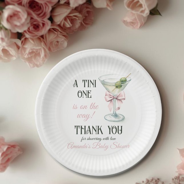 Retro A Tini One Martini Pink Bow Girl Baby Shower Paper Plates (Creator Uploaded)