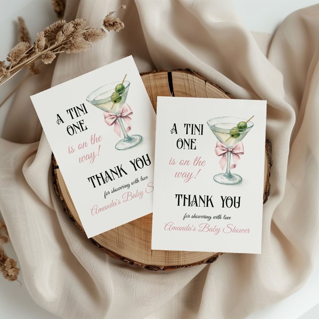Retro A Tini One Martini Pink Bow Girl Baby Shower Thank You Card (Creator Uploaded)