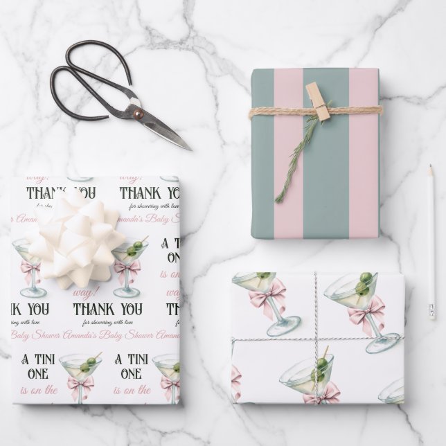 Retro A Tini One Martini Pink Bow Girl Baby Shower Wrapping Paper Sheets (Front)