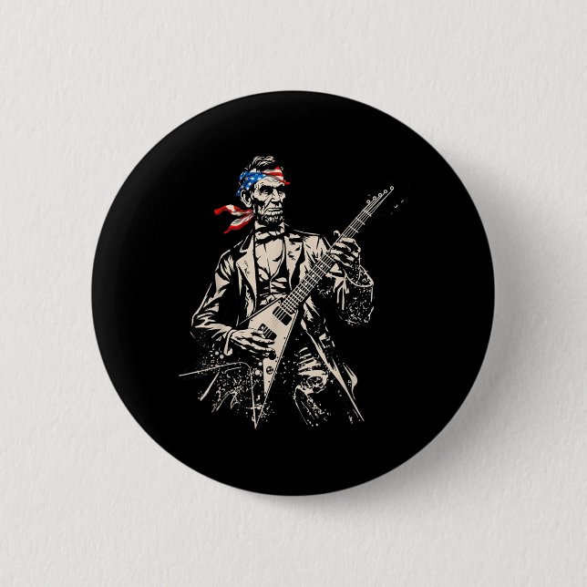 Retro Abraham Lincoln Playing Guitar Rock Roll Button (Front)