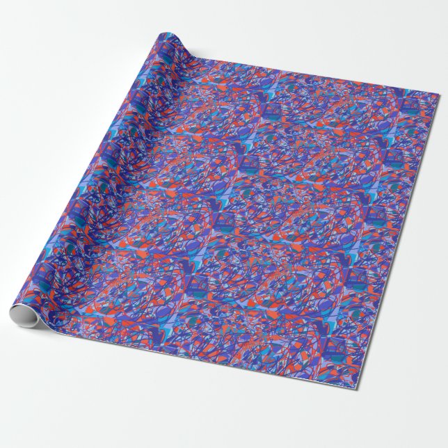 retro abstract art blue scribble pattern wrapping paper (Unrolled)