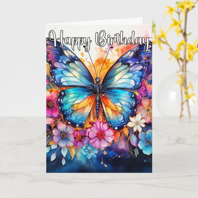 Retro Abstract Artistic Butterfly | Happy Birthday Card (Yellow Flower)