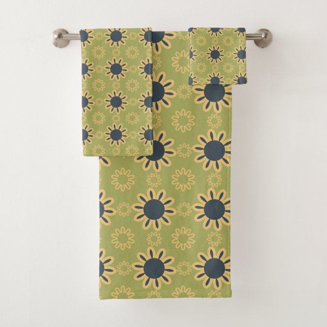 Retro Abstract Black and Yellow Flowers Pattern Bath Towel Set (Insitu)