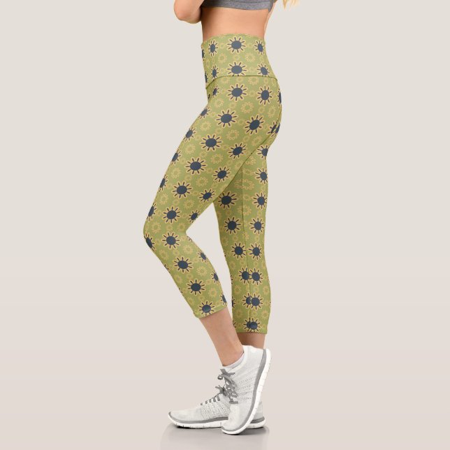Retro Abstract Black and Yellow Flowers Pattern Capri Leggings (Left)