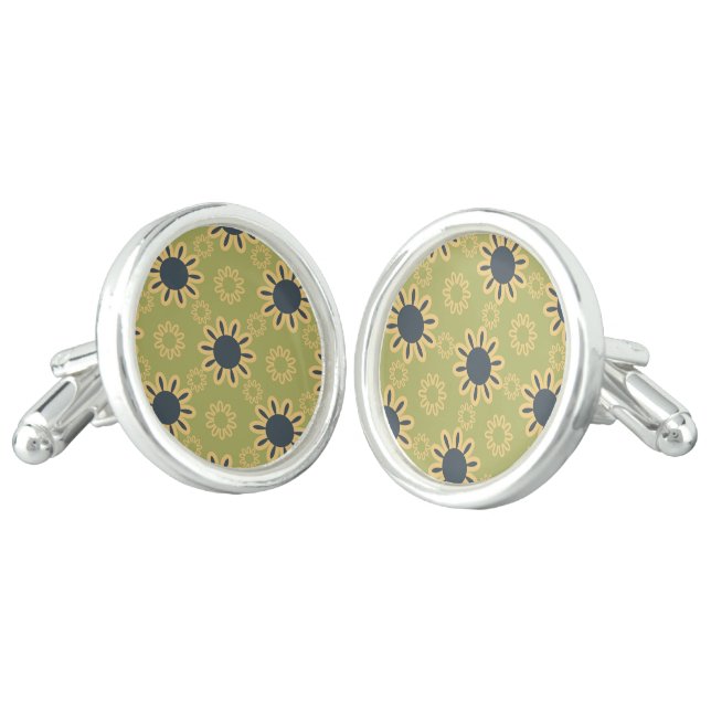 Retro Abstract Black and Yellow Flowers Pattern Cufflinks (Angled)