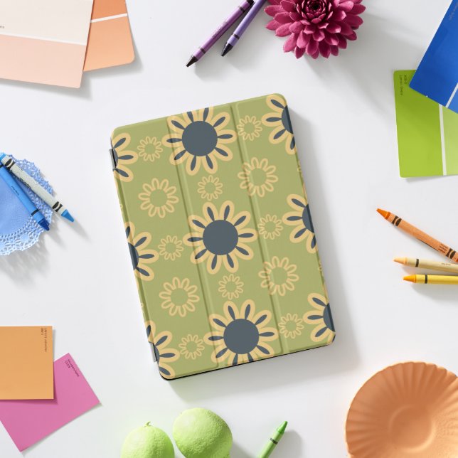 Retro Abstract Black and Yellow Flowers Pattern iPad Pro Cover (Desk)