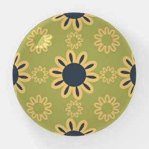 Retro Abstract Black and Yellow Flowers Pattern Paperweight