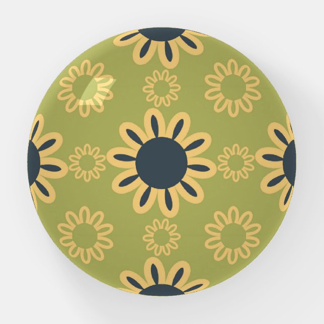 Retro Abstract Black and Yellow Flowers Pattern Paperweight (Front)
