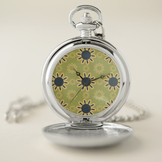 Retro Abstract Black and Yellow Flowers Pattern Pocket Watch (Inside)
