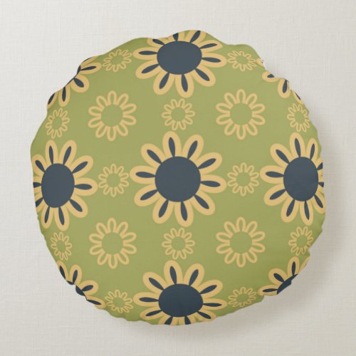 Retro Abstract Black and Yellow Flowers Pattern Round Pillow