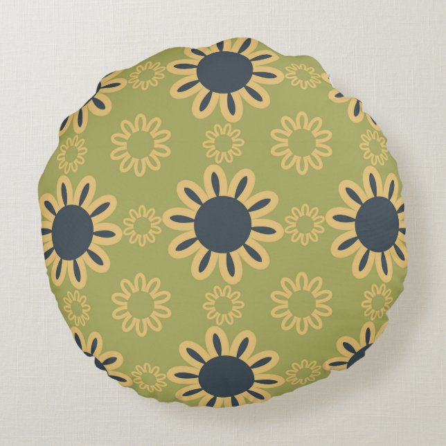 Retro Abstract Black and Yellow Flowers Pattern Round Pillow (Back)