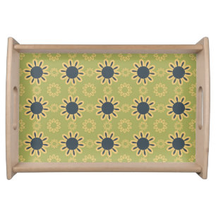 Retro Abstract Black and Yellow Flowers Pattern Serving Tray