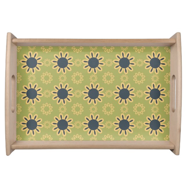 Retro Abstract Black and Yellow Flowers Pattern Serving Tray (Front)