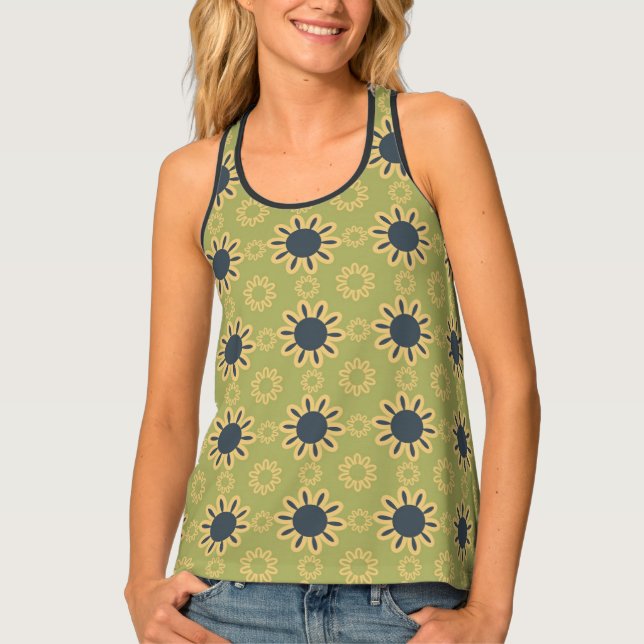 Retro Abstract Black and Yellow Flowers Pattern Tank Top (Front)
