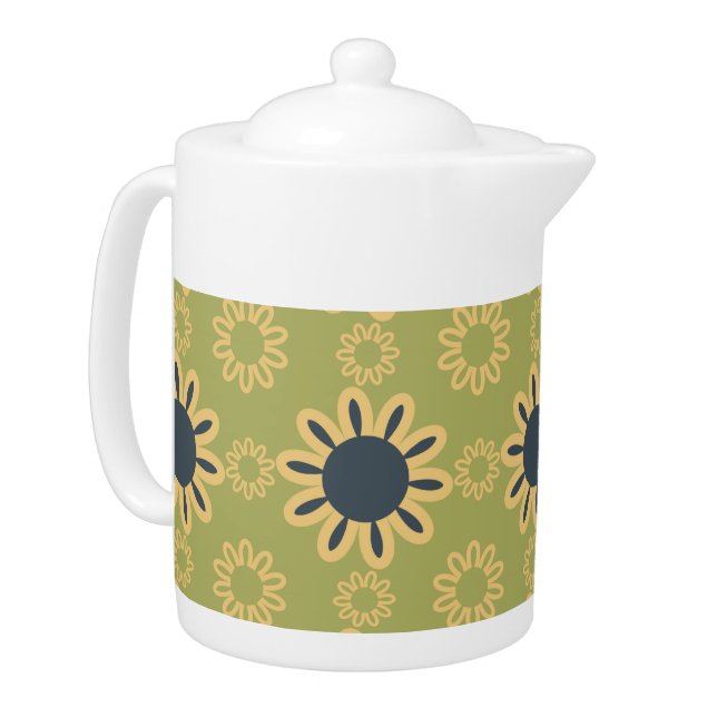 Retro Abstract Black and Yellow Flowers Pattern Teapot (Left)