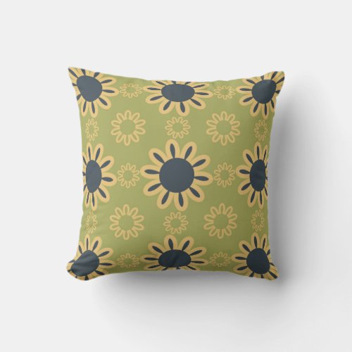 Retro Abstract Black and Yellow Flowers Pattern Throw Pillow