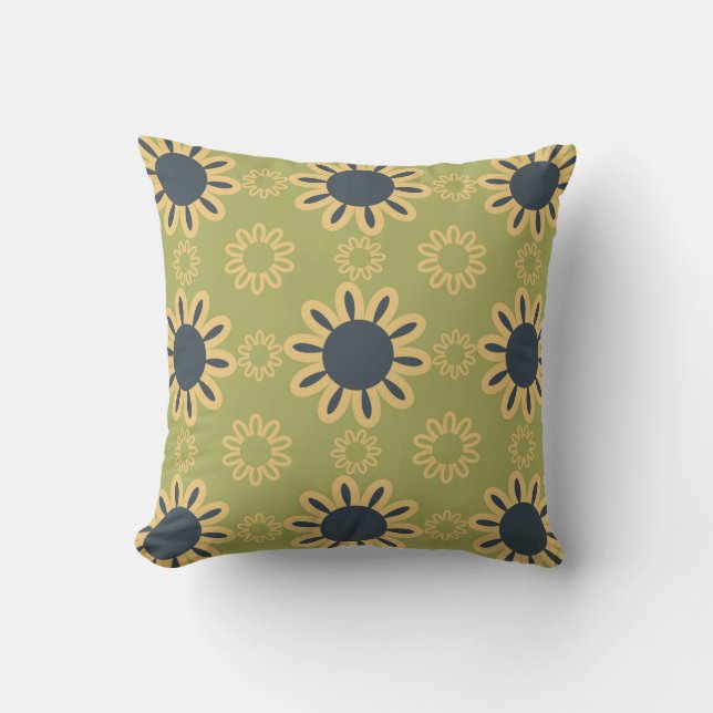 Retro Abstract Black and Yellow Flowers Pattern Throw Pillow (Front)