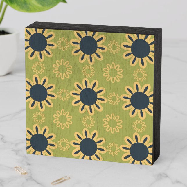 Retro Abstract Black and Yellow Flowers Pattern Wooden Box Sign (In Situ Horizontal)