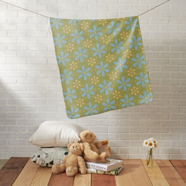 Retro Abstract Blue and Yellow Flowers on Green Baby Blanket (In Situ)