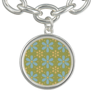 Retro Abstract Blue and Yellow Flowers on Green Bracelet