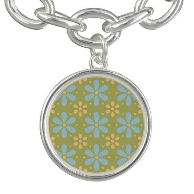 Retro Abstract Blue and Yellow Flowers on Green Bracelet (Design)