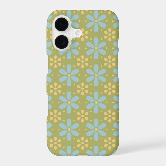 Retro Abstract Blue and Yellow Flowers on Green Case-Mate iPhone Case (Back)