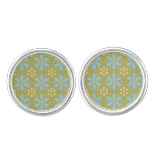 Retro Abstract Blue and Yellow Flowers on Green Cufflinks