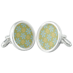 Retro Abstract Blue and Yellow Flowers on Green Cufflinks