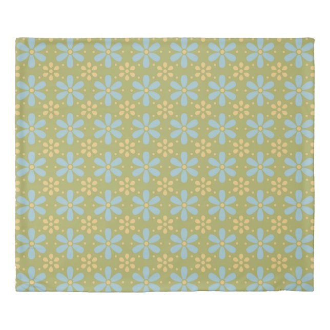 Retro Abstract Blue and Yellow Flowers on Green Duvet Cover (Front)