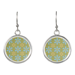 Retro Abstract Blue and Yellow Flowers on Green Earrings