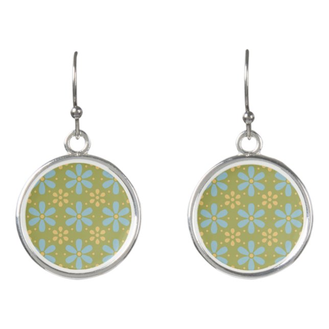 Retro Abstract Blue and Yellow Flowers on Green Earrings (Front)